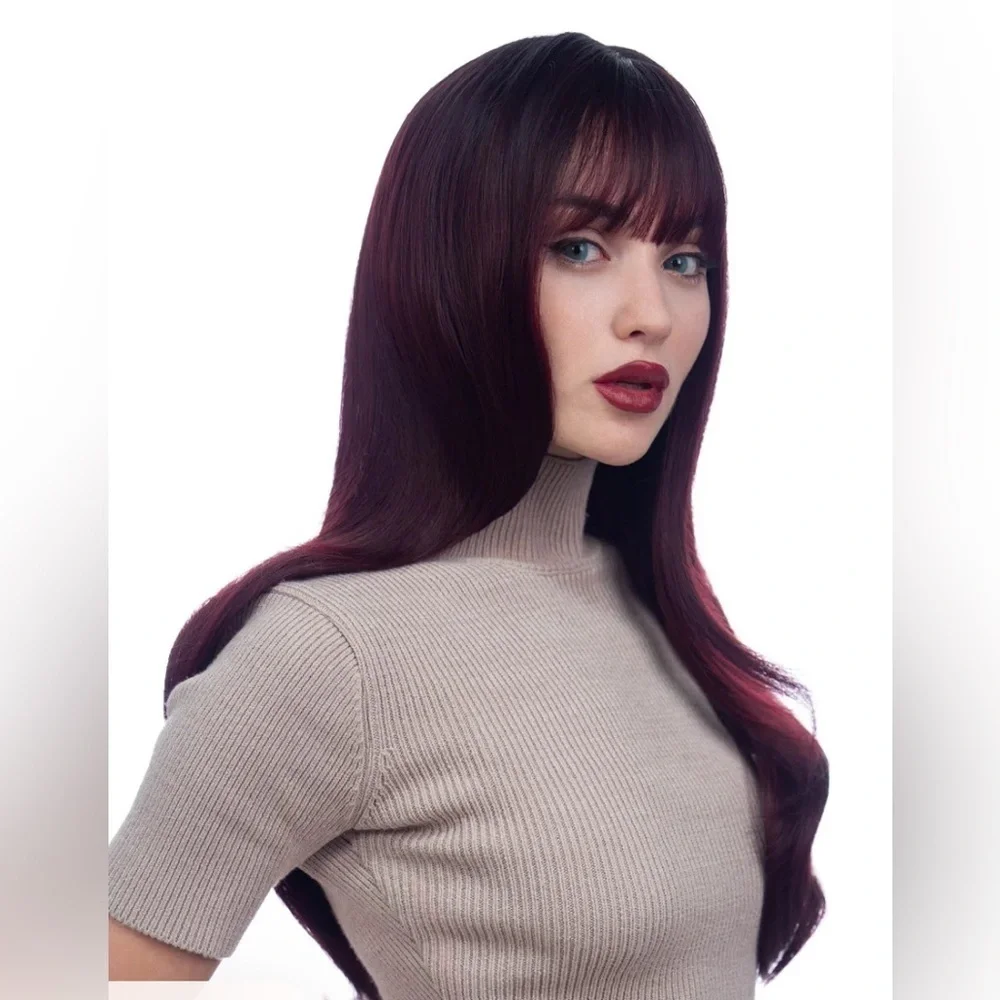 25” Burgundy Synthetic Wig with Dark Roots – Loose Curls – Adjustable Cap